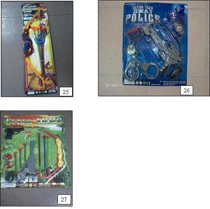 1. POLICE PLAY SET2. FORCE SUPER 3. ARROW RIFLE4. SPECIAL ATTACK5. POLICE PLAY SET6. POLICE FORCE POWERFUL7. STEAM PRESSURE GUN8. POLICE MILITARY SERIES9. BOW AND ARROWS10. SUPER TOXO PHYLY GAME11. SWAT POLICE FORCE12. SILVER ACTION13. SUPER BOWMAN14. "WEAPON SET, HERO ARMING15. ARROW RIFLE16. SUPER POLICE 17. POLICE SERIES18. ACTION TEAM S.W.AT. POLICE19. COUNTRY FORCE ARMY &amp;       POLICE (SPECIAL AGENT)20. FUNNY SHOOTING GAME21. SUPER POWER BOWMAN22. POLICE PLAY SET23. ACTION TEAM S.W.A.T. POLICE24. COMMANDOS25. SUPER BOW AND ARROWS      GAME26. ACTION TEAM27. SUPER ARMS (1, 2, 3, 4, 5, 6, 7, 8, 9, 10, 11, 12, 14, 15, 16, 17, 18, 19, 20, 21, 22, 23, 25, 26, 27 –Unknown. 13. TOYS 24. LIAN SHENG,)