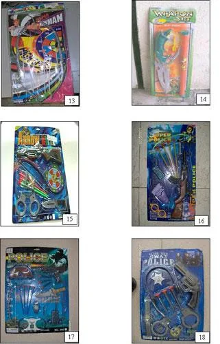 1. POLICE PLAY SET2. FORCE SUPER 3. ARROW RIFLE4. SPECIAL ATTACK5. POLICE PLAY SET6. POLICE FORCE POWERFUL7. STEAM PRESSURE GUN8. POLICE MILITARY SERIES9. BOW AND ARROWS10. SUPER TOXO PHYLY GAME11. SWAT POLICE FORCE12. SILVER ACTION13. SUPER BOWMAN14. "WEAPON SET, HERO ARMING15. ARROW RIFLE16. SUPER POLICE 17. POLICE SERIES18. ACTION TEAM S.W.AT. POLICE19. COUNTRY FORCE ARMY &amp;       POLICE (SPECIAL AGENT)20. FUNNY SHOOTING GAME21. SUPER POWER BOWMAN22. POLICE PLAY SET23. ACTION TEAM S.W.A.T. POLICE24. COMMANDOS25. SUPER BOW AND ARROWS      GAME26. ACTION TEAM27. SUPER ARMS — foto 3 dell'alert 0203/06