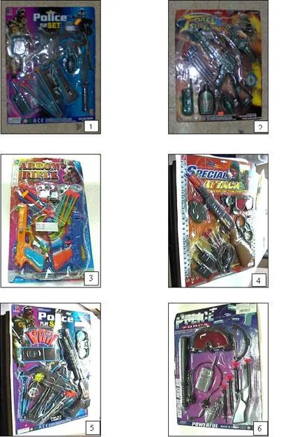 1. POLICE PLAY SET2. FORCE SUPER 3. ARROW RIFLE4. SPECIAL ATTACK5. POLICE PLAY SET6. POLICE FORCE POWERFUL7. STEAM PRESSURE GUN8. POLICE MILITARY SERIES9. BOW AND ARROWS10. SUPER TOXO PHYLY GAME11. SWAT POLICE FORCE12. SILVER ACTION13. SUPER BOWMAN14. "WEAPON SET, HERO ARMING15. ARROW RIFLE16. SUPER POLICE 17. POLICE SERIES18. ACTION TEAM S.W.AT. POLICE19. COUNTRY FORCE ARMY &amp;       POLICE (SPECIAL AGENT)20. FUNNY SHOOTING GAME21. SUPER POWER BOWMAN22. POLICE PLAY SET23. ACTION TEAM S.W.A.T. POLICE24. COMMANDOS25. SUPER BOW AND ARROWS      GAME26. ACTION TEAM27. SUPER ARMS — foto 5 dell'alert 0203/06