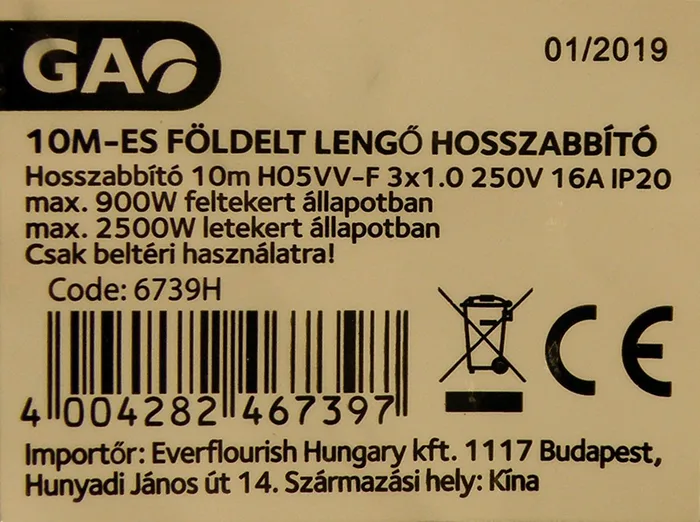 Cavo di estensione «10M-es FÖLDELT LENGŐ HOSSZABBÍTÓ» — foto 4 dell'alert A11/00090/20