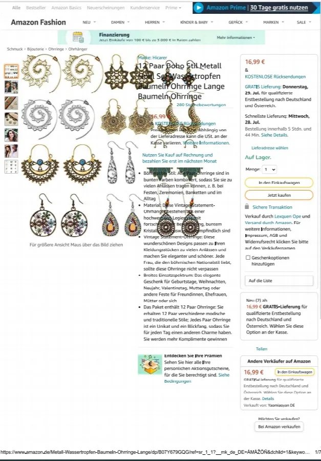 Set di orecchini «12 Paar Boho Stil Metall Hohl Set Wassertropfen Baumeln Ohrringe Lange Baumeln Ohrringe» — foto 6 dell'alert INFO/00060/22
