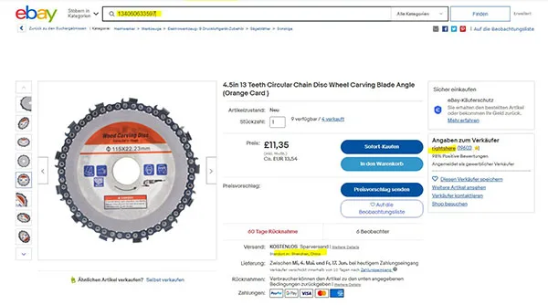Lama circolare per sega «4.5in 13 Teeth Circular Chain Disc Wheel Carving Blade Angle (Orange Card)» — foto 1 dell'alert A12/00955/22