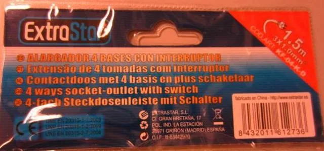 Cavo di estensione «Alargador 4 bases con interruptor - 4 ways socket-outlet with switch» — foto 3 dell'alert A12/0772/13