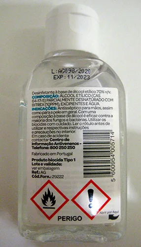 Disinfettante per le mani «Álcool Gel Mãos (Hand sanitizer)» — foto 2 dell'alert A12/01169/21