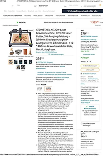 Macchina per incisione laser «Atomstack Lasergravierer A5 20 W» — foto 4 dell'alert A11/00143/22