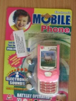 Battery operated toy mobile phones (1. JIN HUA; 2. Electronic - GOOD TIME; 3. HAPPY ARIGINS; 4. Novelty Phone; 5. Electronic.)