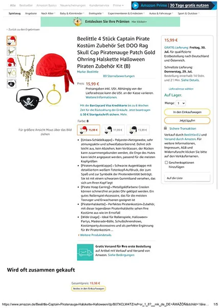 Accessori per abiti di fantasia «Beelittle 4 Stück Captain Pirate Kostüm Zubehör Set DOO Rag Skull Cap Piratenauge Patch …» — foto 7 dell'alert INFO/00048/22