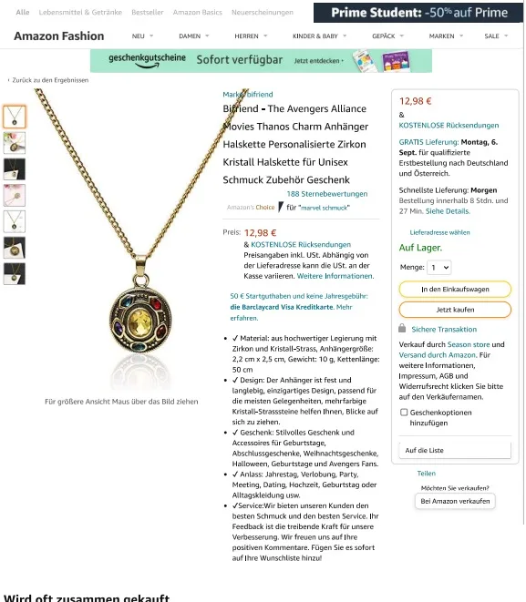 Collana «Bifriend-The Avengers Alliance Movies Thanos Charm Anhänger Halskette Personalisierte Zi…» — foto 5 dell'alert INFO/00033/22