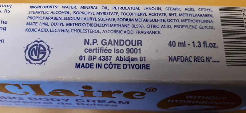 Crema schiarente per la pelle «Bio Claire Creme Corporelle Eclaircissante» — foto 1 dell'alert A12/01561/20