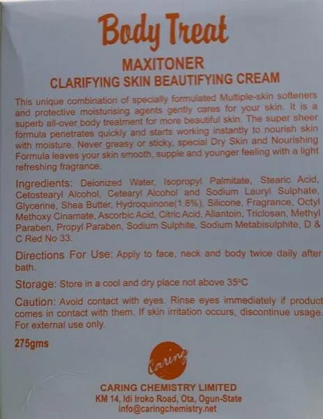Prodotto schiarimento della pelle «Body Treat / MAXITONER Clarifying Skin Beautifying Cream» — foto 1 dell'alert A12/0004/16