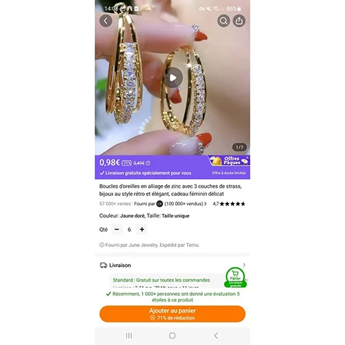 Orecchini «Boucle d'oreilles en alliage de zinc avec 3 couches de strass» — foto 2 dell'alert A12/02553/24