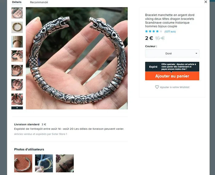 Bracciale «Bracelet manchette en argent doré viking deux têtes dragon bracelets Scandinave costume …» — foto 2 dell'alert A12/00988/21