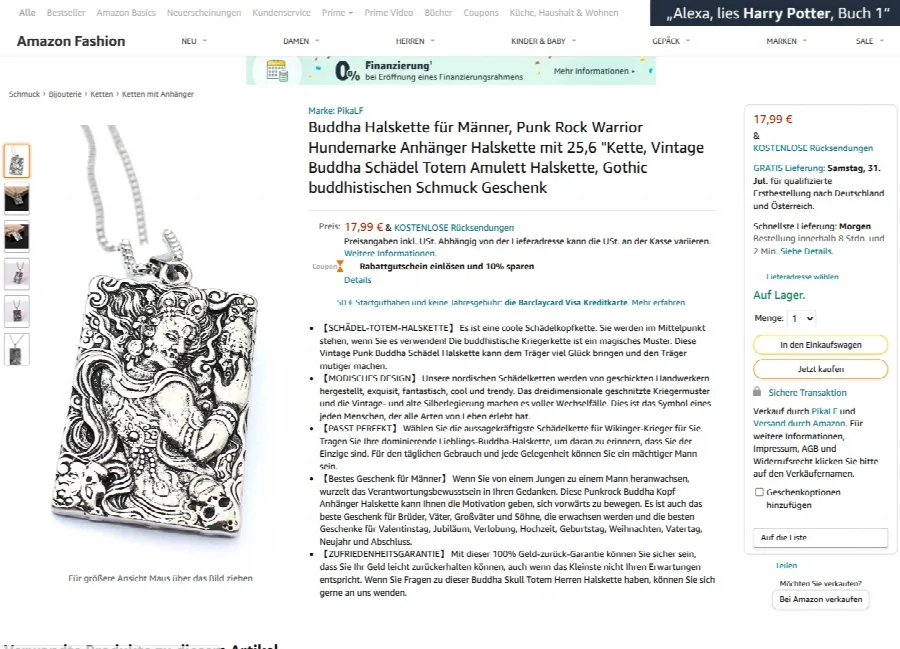 Collana con ciondolo «Buddha Halskette für Männer, Punk Rock Warrior Hundemarke Anhänger Halskette mit 25,6" K…» — foto 5 dell'alert INFO/00072/22