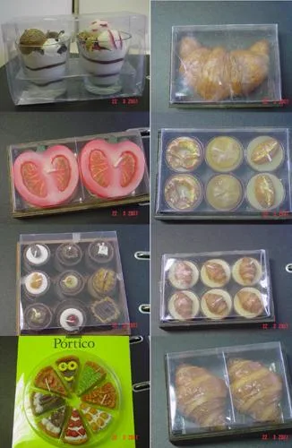 Candele sotto forma di vari alimenti (pomodori, croissant, pane, dolci, gelati, fette di crostata, ecc.) (Pórtico)