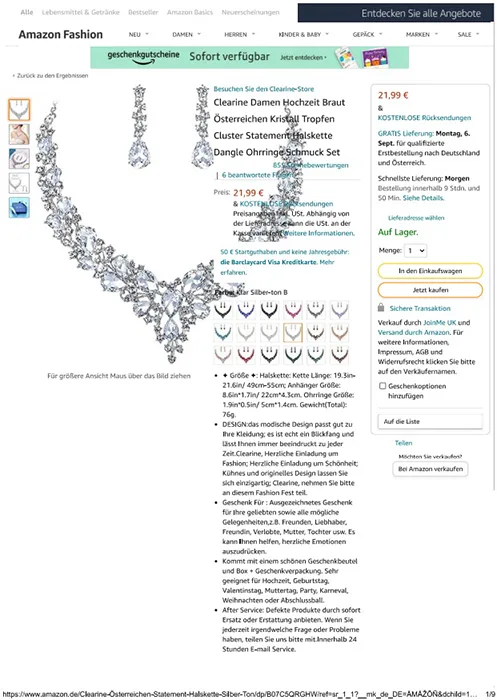 Collana e orecchini set «Clearine Damen Hochzeit Braut Osterreichen Kristall Tropfen Cluster Statement Halskette …» — foto 7 dell'alert INFO/00040/22