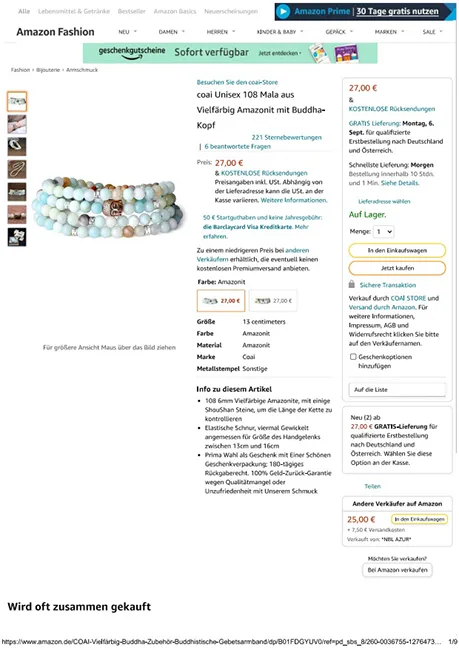 Bracciale «coai Unisex 108 Mala aus Vielfärbig Amazonit mit BuddhaKopf» — foto 9 dell'alert INFO/00039/22