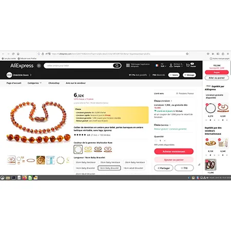 Collana dentizione «Collier de dentition en ambre pour bébé, perles baroques en ambrebaltique véritable» (Kame aknys MB)