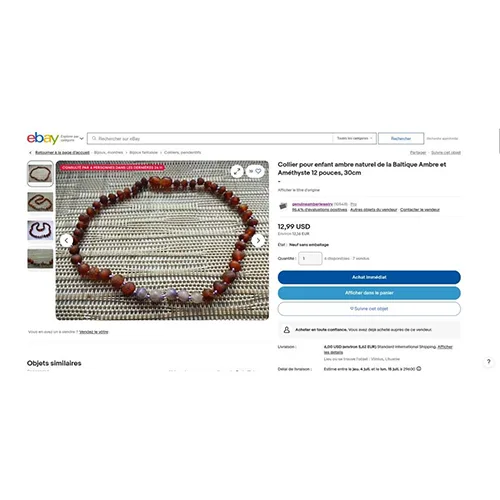 Collana dentizione «Collier pour enfant ambre naturel de la Baltique Ambre et Améthyste 12 pouces 30cm» — foto 1 dell'alert A12/03168/24