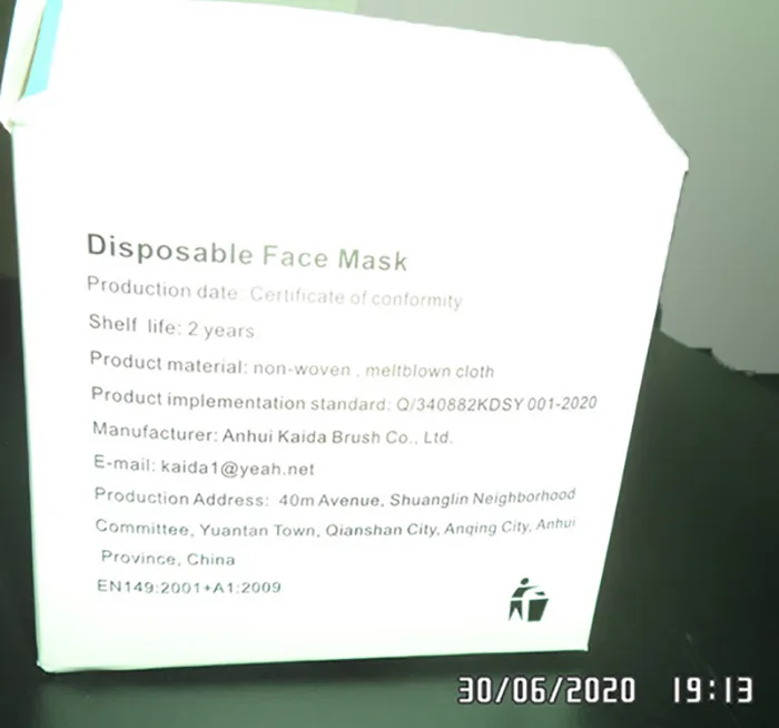 Maschera filtro antiparticolato «Disposable face mask» — foto 1 dell'alert INFO/00104/20