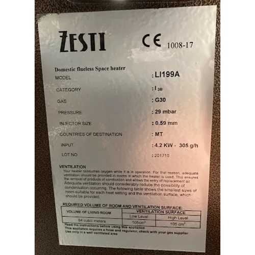 Apparecchio per il riscaldamento d'ambiente a gas «Domestic flueless Space heater» — foto 3 dell'alert A11/00021/24