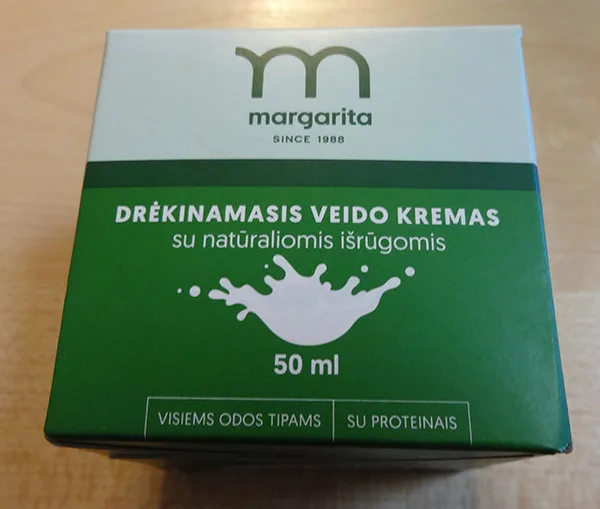 Crema viso «Drėkinamasis veido kremas su natūraliomis išrūgomis visiems odos tipams su proteinais» (Margarita)