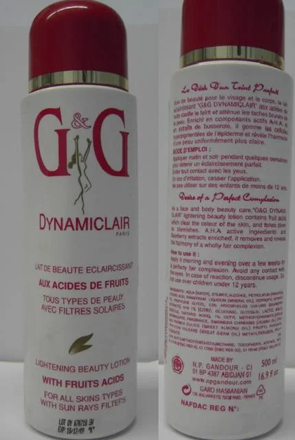 Prodotto schiarimento della pelle &amp; #13; &amp; #13; «DYNAMICLAIR – LIGHTENING BEAUTY LOTION / LAIT DE BEAUTE ECLAIRCISSANT» (G&amp;G)