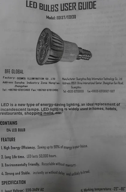 Lampadina del LED «E14 LED Bulb» — foto 2 dell'alert A12/1979/13