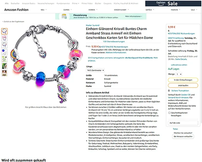 Bracciale «Einhorn Glänzend Kristall Buntes Charm Armband Strass Armreif mit Einhorn Geschenkbox Ka…» — foto 4 dell'alert INFO/00061/22