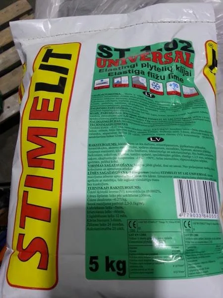 Adesivo per piastrelle a base di cemento «Elastīga flīžu līme/Elastingi plytelių klijai ('Flexible tile adhesive')» (Stimelit)