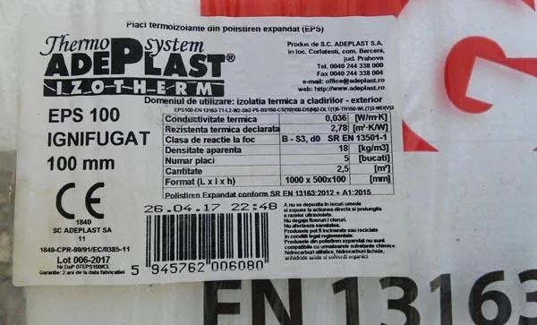 Isolamento termico «EPS 100 Ignifugat» (Adeplast)