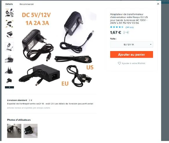 Adattatore con cavo di rete «EU US Plug LED Power Supply Adapter Transformer for LED Strip Lights AC-100 V-240 V to D…» — foto 1 dell'alert A12/01075/21
