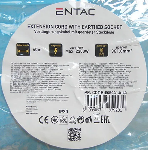 Cavo di prolunga «EXTENSION CORD WITH EARTHED SOCKET» (ENTAC)
