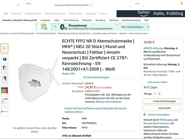Maschera filtro particella «FFP2 NR D fine dust mask» — foto 7 dell'alert A12/01197/21