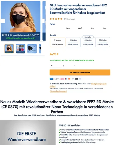 Maschera filtro antiparticolato «FFP2 R D Wiederverwendbare Maske mit Nano-Technologie» — foto 10 dell'alert A12/01156/22