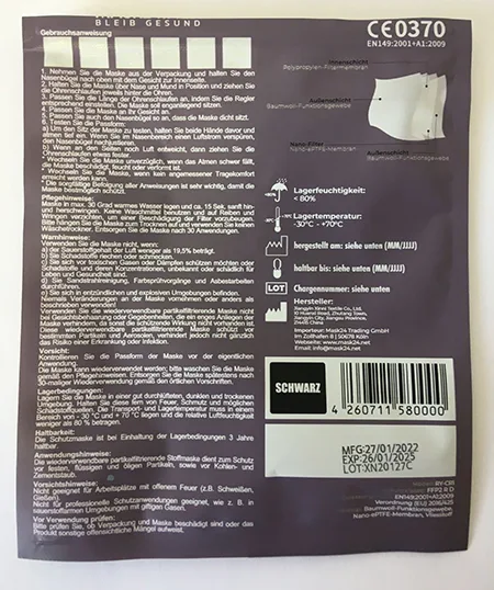 Maschera filtro antiparticolato «FFP2 R D Wiederverwendbare Maske mit Nano-Technologie» — foto 4 dell'alert A12/01156/22