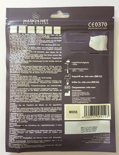 Maschera filtro antiparticolato «FFP2 R D Wiederverwendbare Maske mit Nano-Technologie» — foto 8 dell'alert A12/01156/22