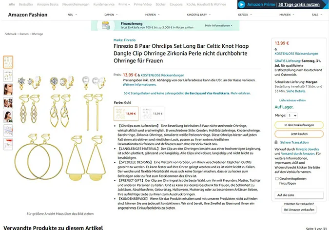 Set di orecchini «Finrezio 8 Paar Ohrclips Set Long Bar Celtic Knot Hoop Dangle Clip Ohrringe Zirkonia Perle» — foto 7 dell'alert INFO/00073/22