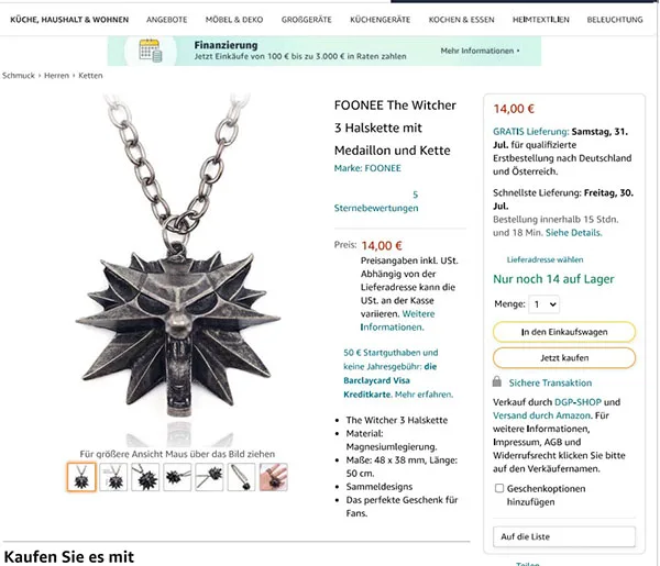 Collana con ciondolo «FOONEE The Witcher 3 Halskette mit Medaillon und Kette» — foto 5 dell'alert INFO/00082/22