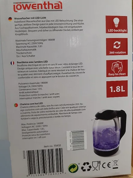 Bollitore elettrico «Glass Water Kettle with LED light» — foto 1 dell'alert A12/00582/21