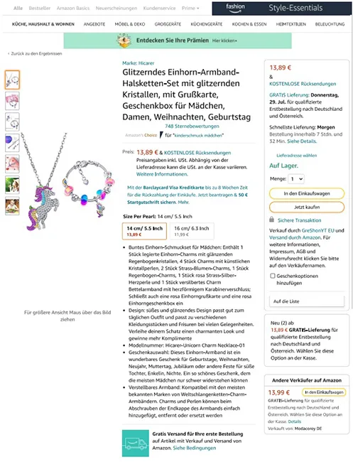 Bracciale con ciondolo «Glitzerndes Einhorn-Armband-Halsketten-Set mit glitzernden Kristallen, mit Grußkarte, Ge…» — foto 6 dell'alert INFO/00024/22