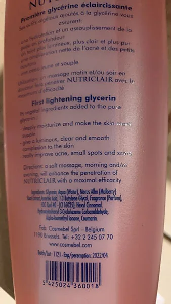 Prodotto per l'alleggerimento della pelle «Glycérine éclaircissante aux extraits naturels de plantes - sans hydroquinone» — foto 1 dell'alert A12/01552/21