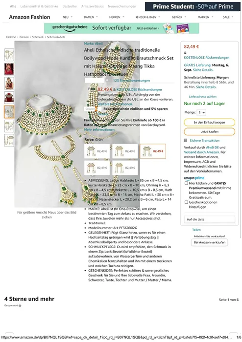 Collana «goldene Halskette, Halsreif im indischen Stil mit Strass, Glitzersteinen und blauen Perlen» — foto 8 dell'alert INFO/00038/22