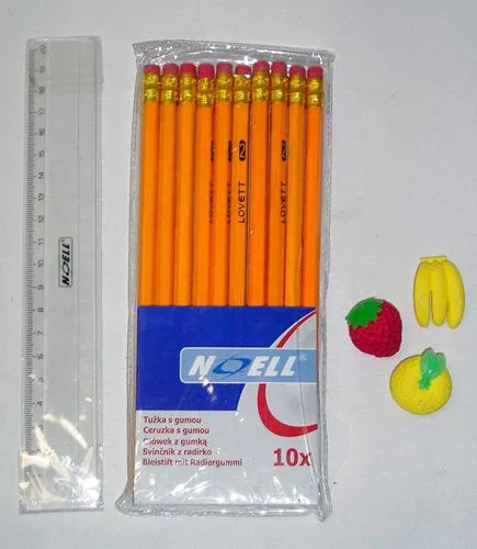 Gomme – un set di 10 matite di grafite con gomma, righello e 3 gomme a forma di fragola, limone e banana