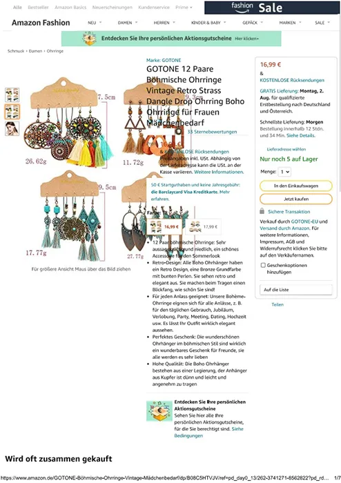 Set di orecchini «GOTONE 12 Paare Böhmische Ohrringe Vintage Retro Strass Dangle Drop Ohrring Boho Ohrringen» — foto 8 dell'alert INFO/00058/22