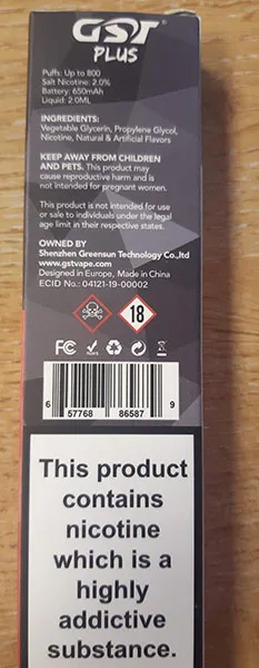 Sigaretta elettronica usa e getta «GST Plus 800 puffs 20 mg/ml (2%)» — foto 2 dell'alert A12/00684/22