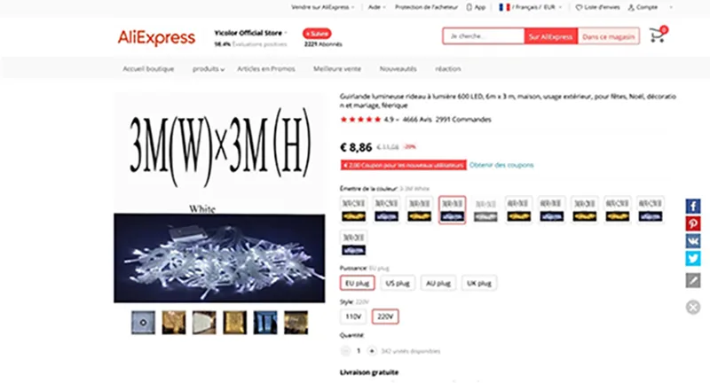 Catena di illuminazione «Guirlande lumineuse rideau à lumière 600 LED, 6m x 3 m, usage extérieur et intérieur pou…» — foto 2 dell'alert A12/00221/22