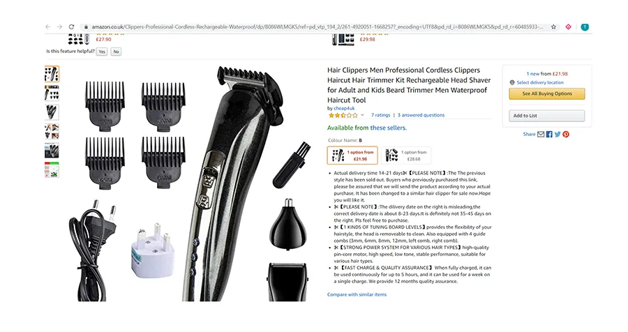 Tagliacapelli con accessori «Hair Clippers Men Professional Cordless Clippers» — foto 1 dell'alert INFO/00087/20