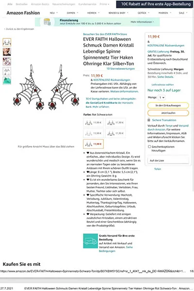 Orecchini «Halloween Schmuck Damen Kristall Lebendige Spinne Spinnennetz Tier Haken Ohrringe Klar S…» — foto 6 dell'alert INFO/00074/22