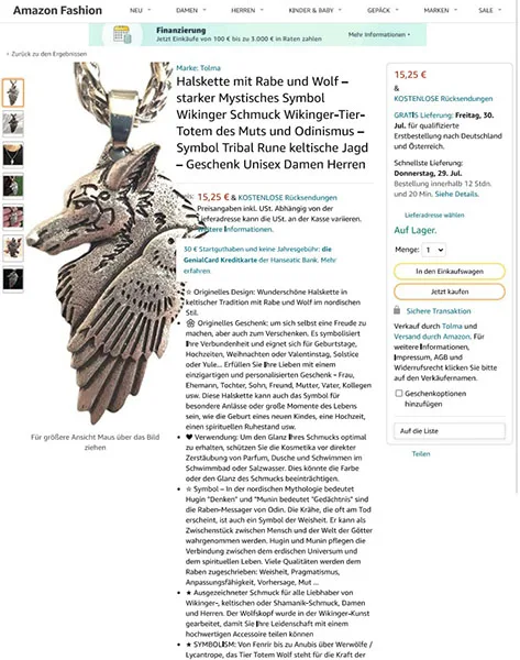 Collana con ciondolo «Halskette mit Rabe und Wolf - starker Mystische Symbol Wikinger Schmuck Wikinger-Tier-To…» — foto 4 dell'alert INFO/00080/22