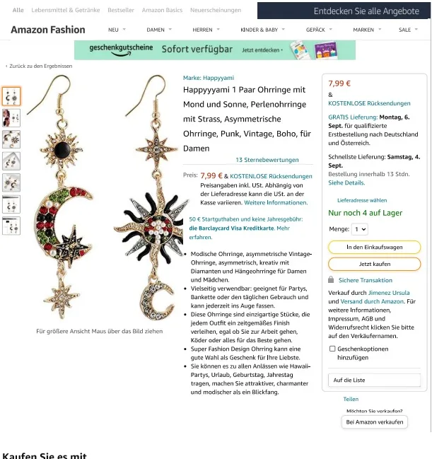 Orecchini «Happyyyami 1 Paar Ohrringe mit Mond und Sonne, Perlenohrringe mit Strass, Asymmetrische …» — foto 5 dell'alert INFO/00035/22